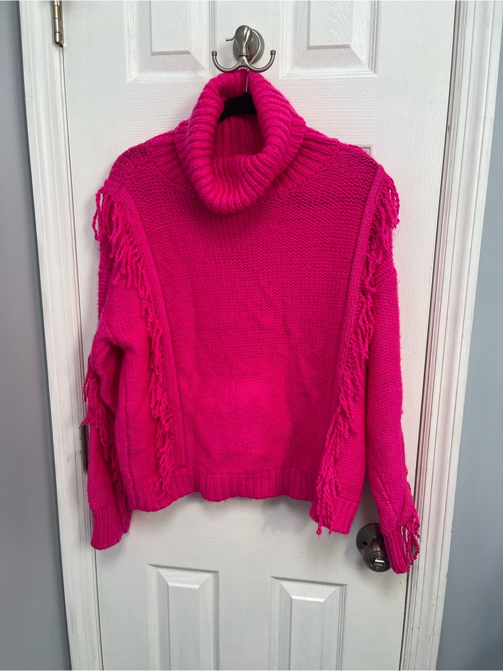 Pink Chunky Knit Sweater Lou & Grey X Loft Turtleneck Fringe Cozy Barbiecore L